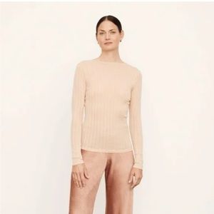 Vince Pima Cotton Beige Funnel Neck Ribbed Long Sleeve Top
